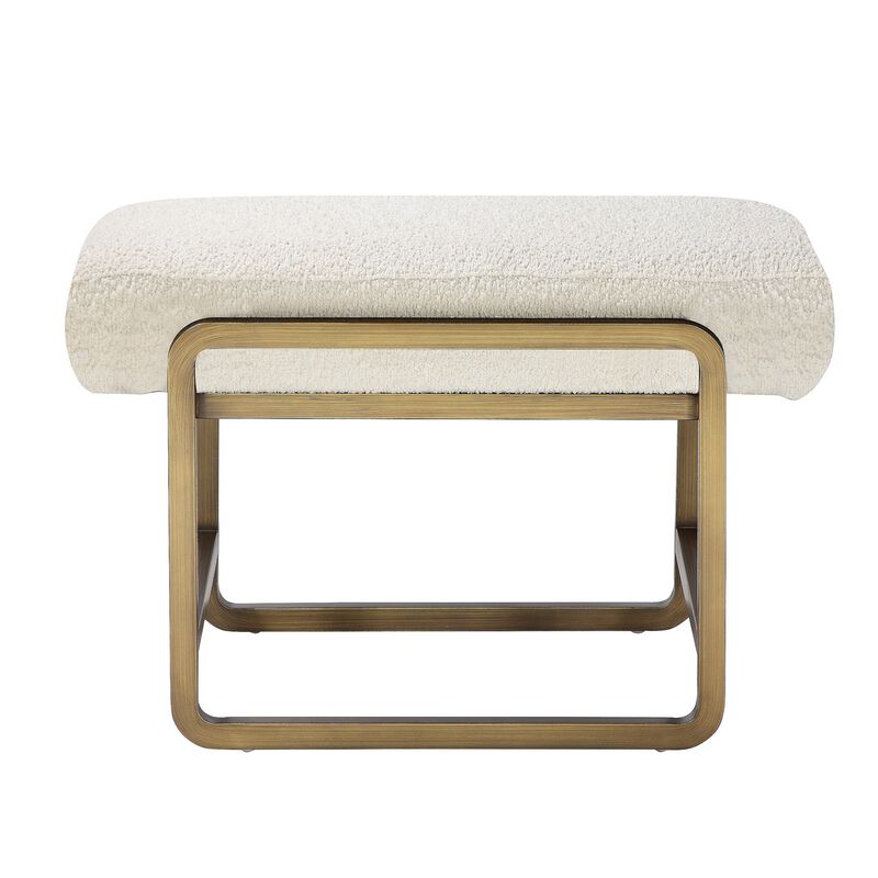 Loer 18 Inch Modern Accent Stool, Ivory Boucle Upholstery, Sled Brass Legs - Benzara