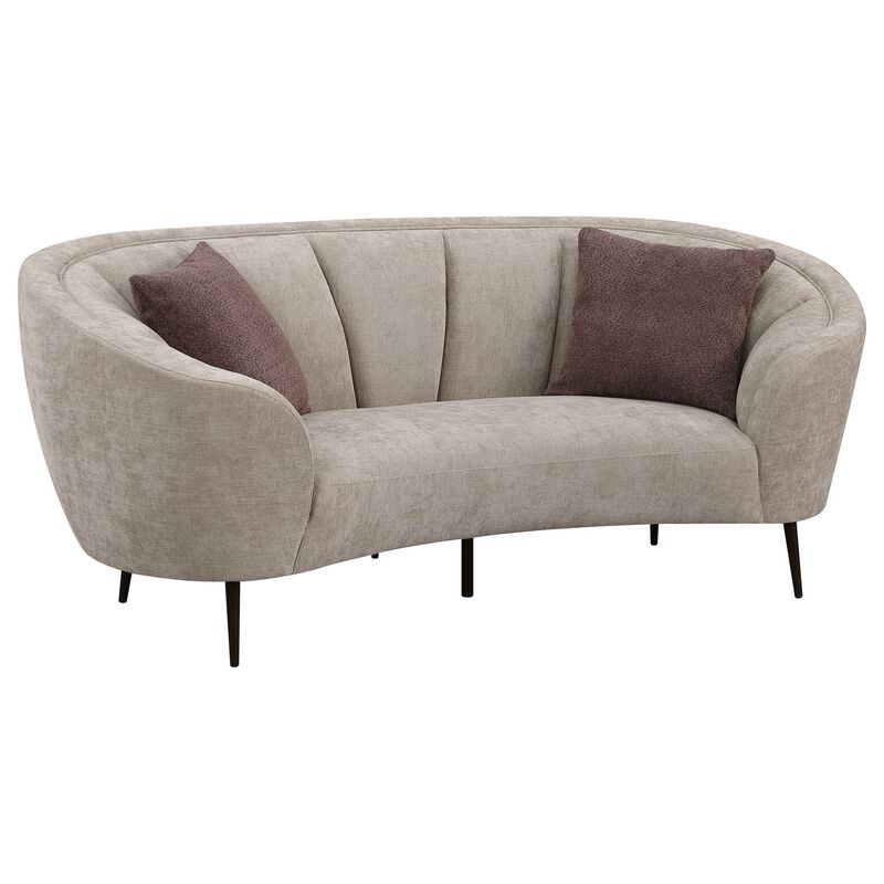 Zui Curved Loveseat, 84 Inch Beige, Round Design, 2 Accent Pillows - Benzara