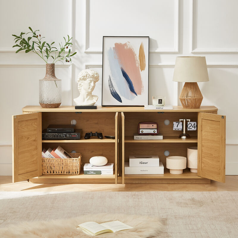 TATEUS Natural 64" Wave TV Stand &ndash; Rounded Sideboard with Vertical Stripes & Rattan Doors for Multi-Room Use