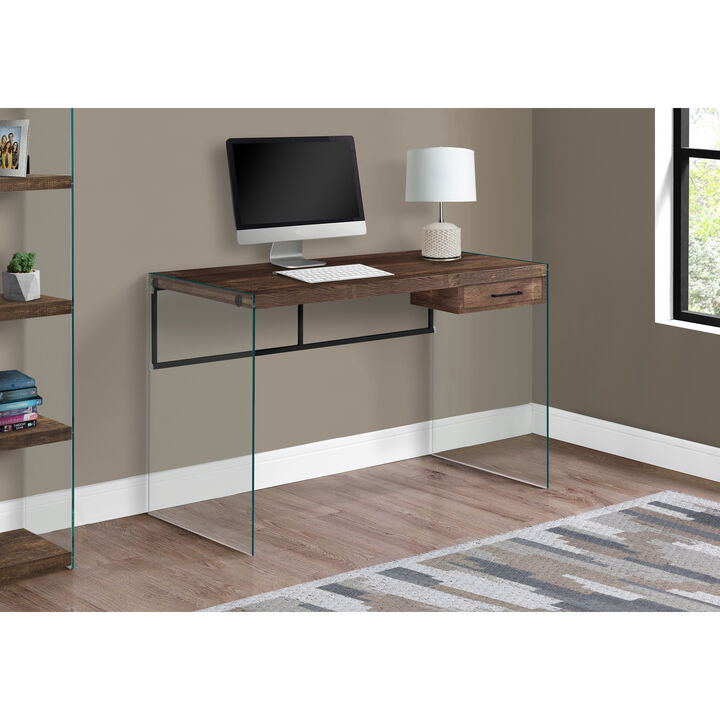 Monarch Specialties I 7444 Computer Desk, Home Office, Laptop, Storage Drawers, 48"L, Work, Tempered Glass, Laminate, Brown, Clear, Contemporary, Modern