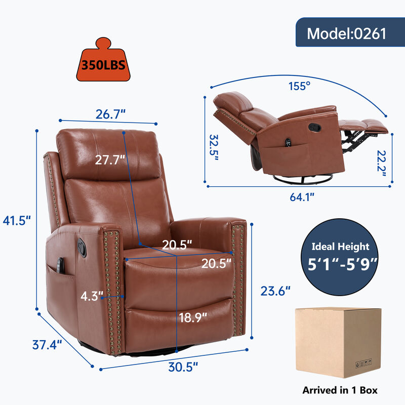 Gnuine Leather Heat Massage Manual Recliner Chair with Rocker and Swivel image number 9
