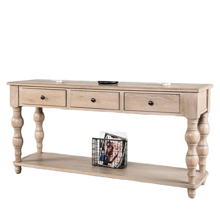 Cherie Sofa Table, 3 Drawers, Shelf, Light White Washed Wood, 64 Inch