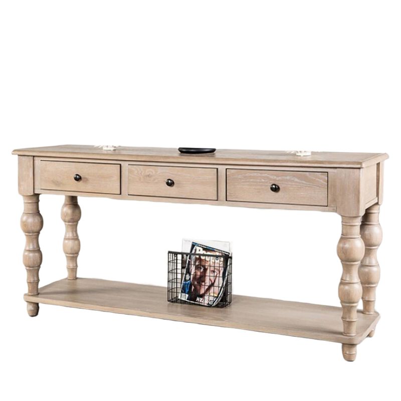 Cherie Sofa Table, 3 Drawers, Shelf, Light White Washed Wood, 64 Inch image number 0