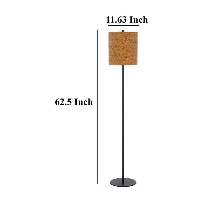 Plue 63 Inch Floor Lamp, Black Pole w Round Base, Cork Drum Shade - Benzara