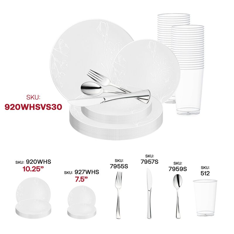 White with Silver Antique Floral Round Plastic Wedding Value Set (30 Sets) image number 5