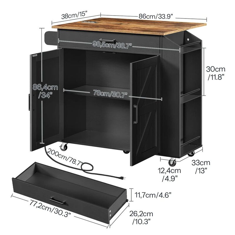 Rolling Kitchen Island with Drop Leaf Tabletop and Power Outlet Station- Black image number 2