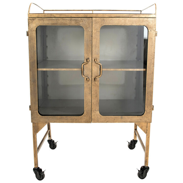 Metal Bar Cabinet with Glass Doors and Wheels, Gold and Antique Brass