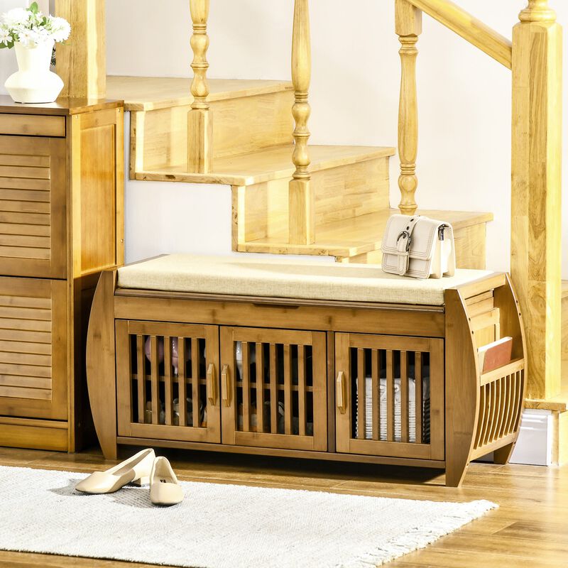 Brown Hallway Organizer: Bamboo Shoe Bench with Storage & Cushion
