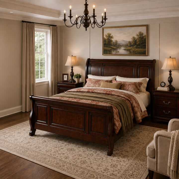 Queen Bedroom Set, Brown Wood, 3 Piece Set with 2 Nightstands