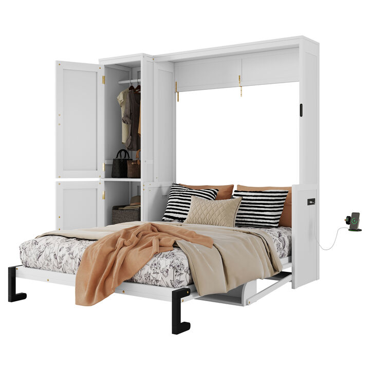 Whisen Queen Size Wood Murphy Bed with Wardrobe, Desk, Gas Struts and Charging Station