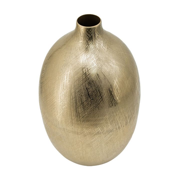 Pansy 14 Inch Modern Vase, Metal, Tall Curved Shape, Bottleneck, Gold  - Benzara