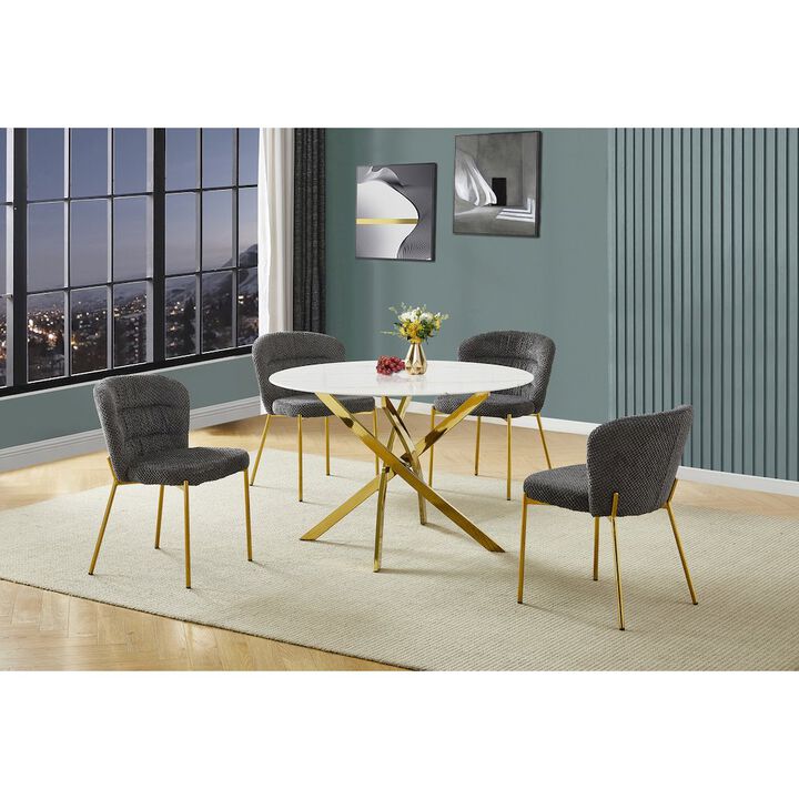 Best Quality Furniture Round White Marble Wrap Glass Ding Table With 4 Dark Grey Side Chairs