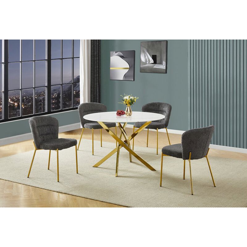 Best Quality Furniture Round White Marble Wrap Glass Ding Table With 4 Dark Grey Side Chairs