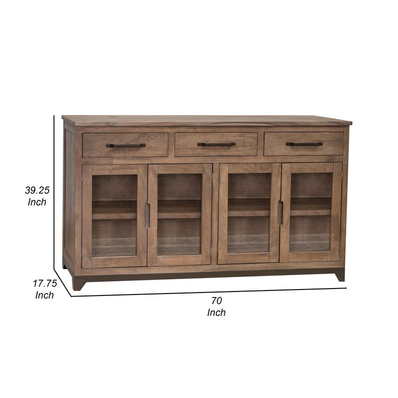 Umey 70 Inch Sideboard Console, Mango Wood, 3 Drawers, 4 Glass Doors, Brown