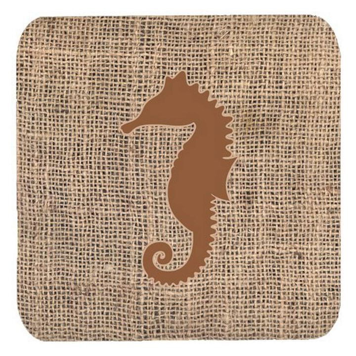 Caroline's Treasures BB1018-BL-BN-FC Sea Horse Burlap and Brown Foam Coasters (Set of 4), 3.5 H x 3.5 W, Multicolor