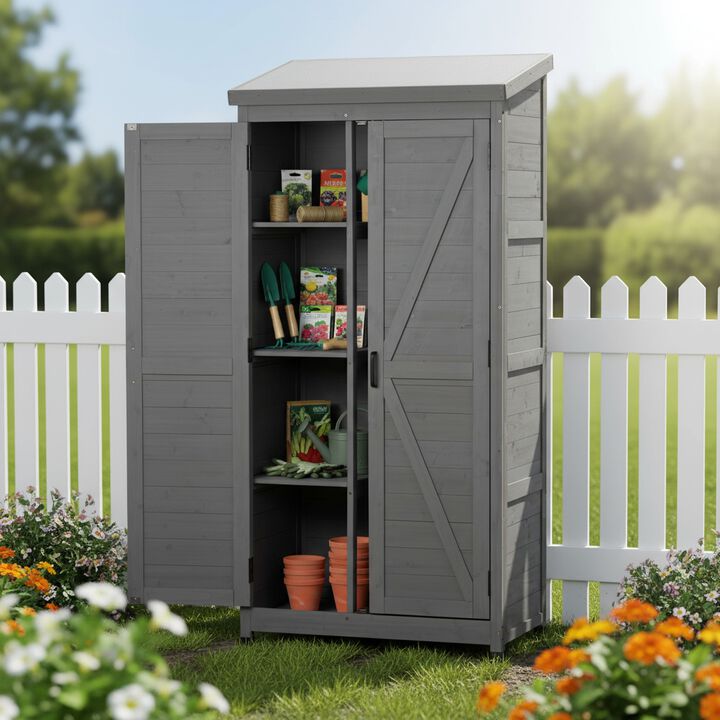 Whisen Tall Vertical Wooden Outdoor Storage Shed&ndash;Metal-Topped Tool Cabinet for Backyard, Garden, Patio & Lawn