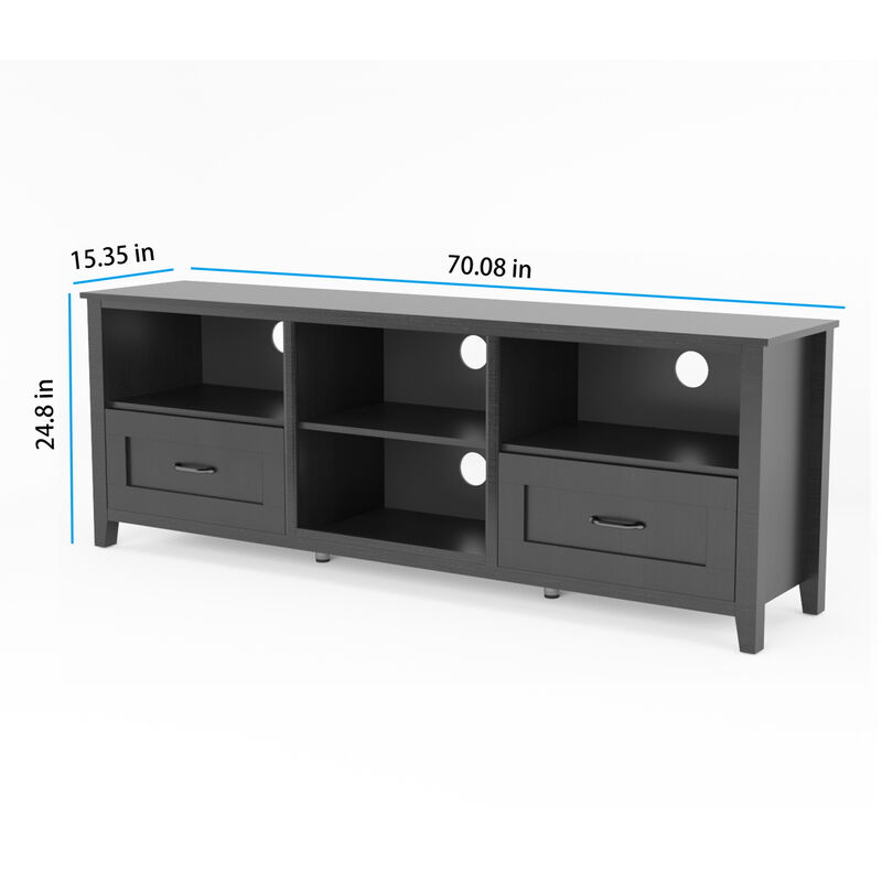 70.08 Inch Length Black TV Stand for Living Room and Bedroom, with 2 Drawers and 4 High-Capacity Storage Compartment