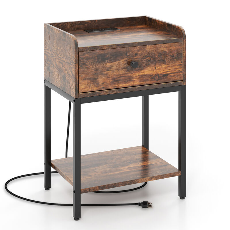 Industrial Bedside Table Nightstand with Charging Station-Rustic Brown image number 0