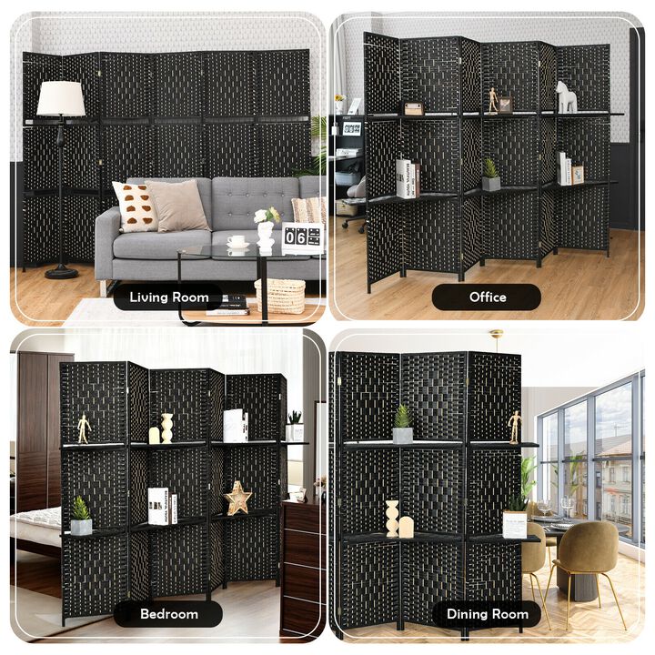 6 Panel Folding Weave Fiber Room Divider With 2 Display Shelves