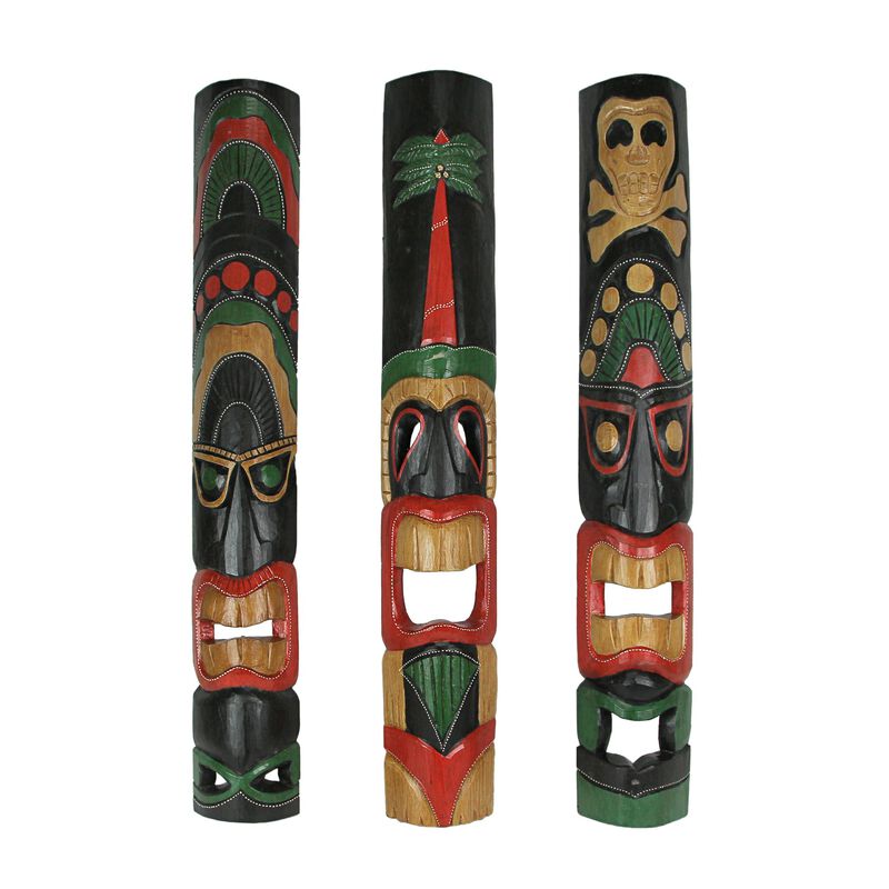 Set of 3 Hand Carved 39 Inch Tall Island Style Polynesian Tiki Masks image number 0