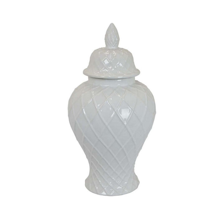 Livie 20 Inch Temple Ginger Jar, Geometric Design, Dome Lid, Ceramic, White - Benzara