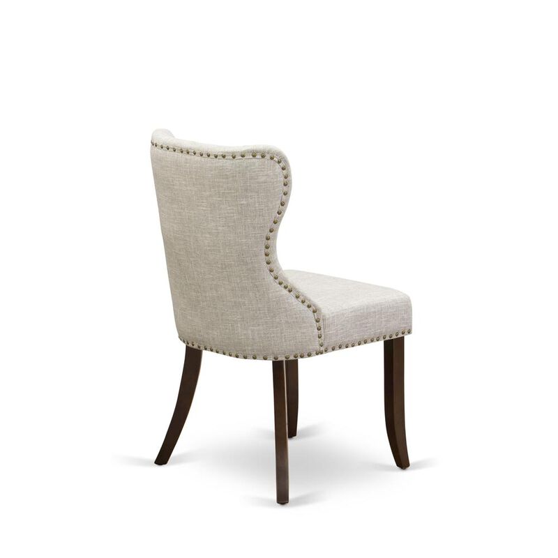 East West Furniture - Set of 2 - Modern Chairs- Kitchen Chair Includes Mahogany Wood Frame with Doeskin Linen Fabric Seat with Nail Head and Button Tufted Back