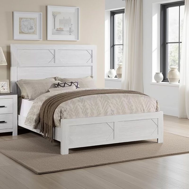 Modern Queen Size Bed, High Headboard w Low Footboard, Whitewash Wood - Benzara