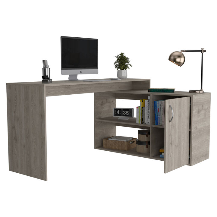 DEPOT E-SHOP Pearl L-Shaped Desk, Single Door Cabinet, Two Shelves, Light Gray