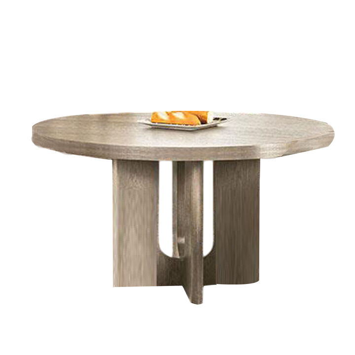 Zoko 54 Inch Round Dining Table, Pedestal Base, White Wash Solid Wood - Benzara
