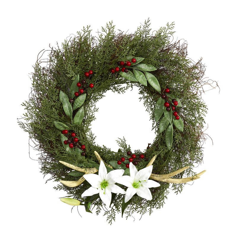 Hivvago 20" Cedar, Antlers, Lily and Ruscus with Berries Artificial Wreath