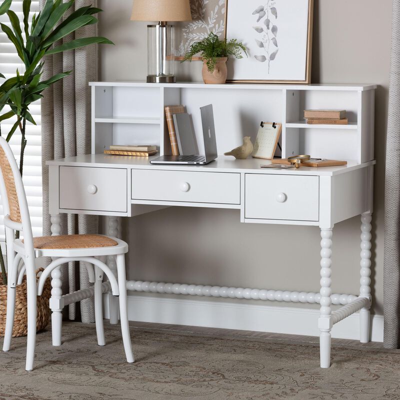 Baxton Studio Archwood Writing Desk with Hutch - 3-Drawer Wood Desk with Bobbin Design for Home Office or Bedroom Workspace, White image number 1