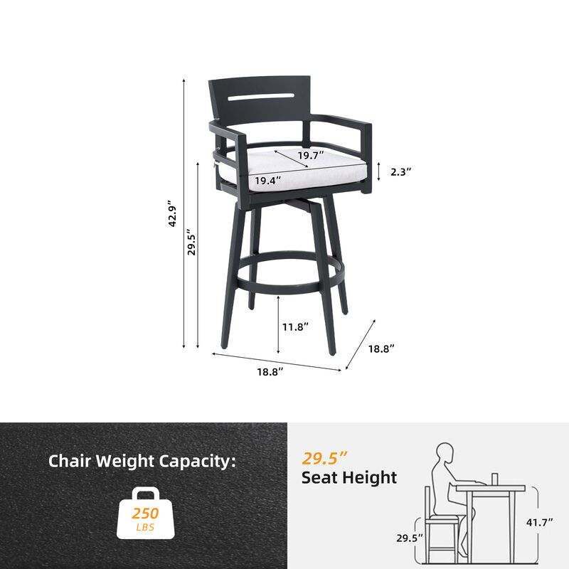 Outdoor 2-Piece Aluminum Swivel Bar Chairs, Ergonomic Backrest & Armrests, Tapered Legs, Sunbrella Cushion image number 9