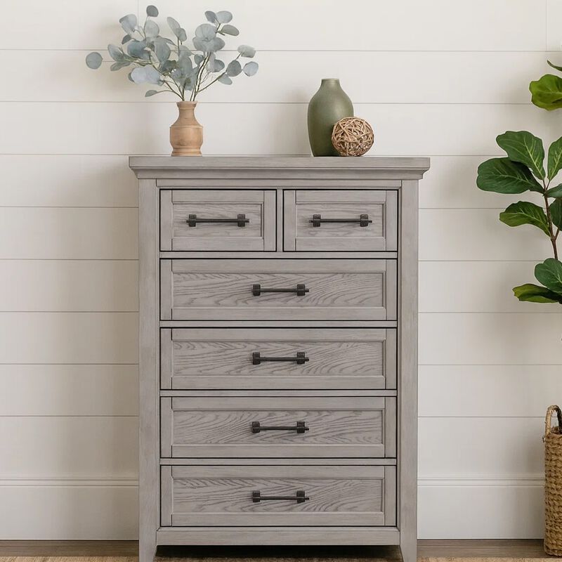 Bix Tall Dresser Chest, 6 Dovetail Drawers, Bronze Handles, Light Gray