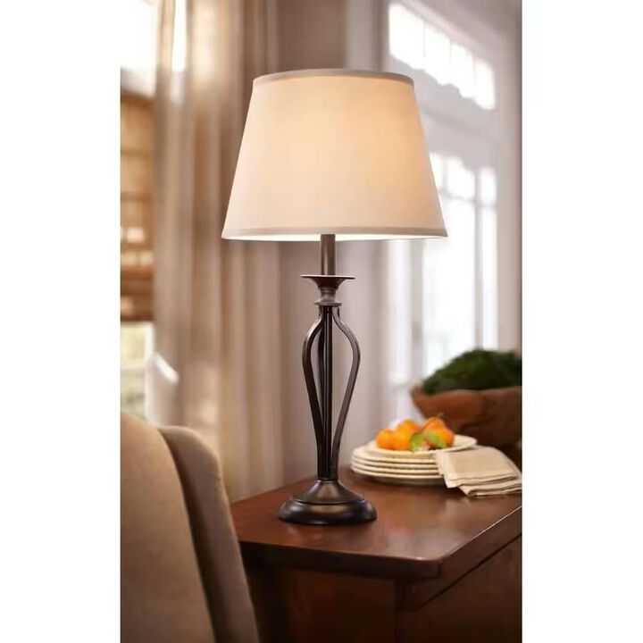 Hivvago Traditional Bronze Metal Finish Table Lamp with Beige Linen Shade