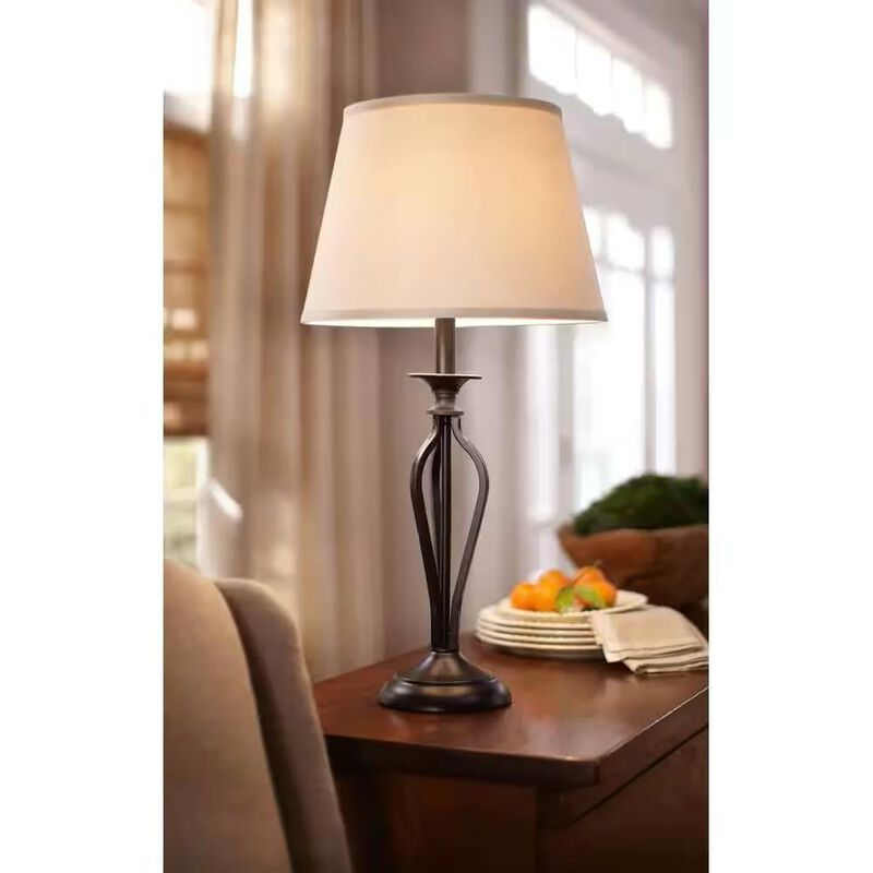 Hivvago Traditional Bronze Metal Finish Table Lamp with Beige Linen Shade