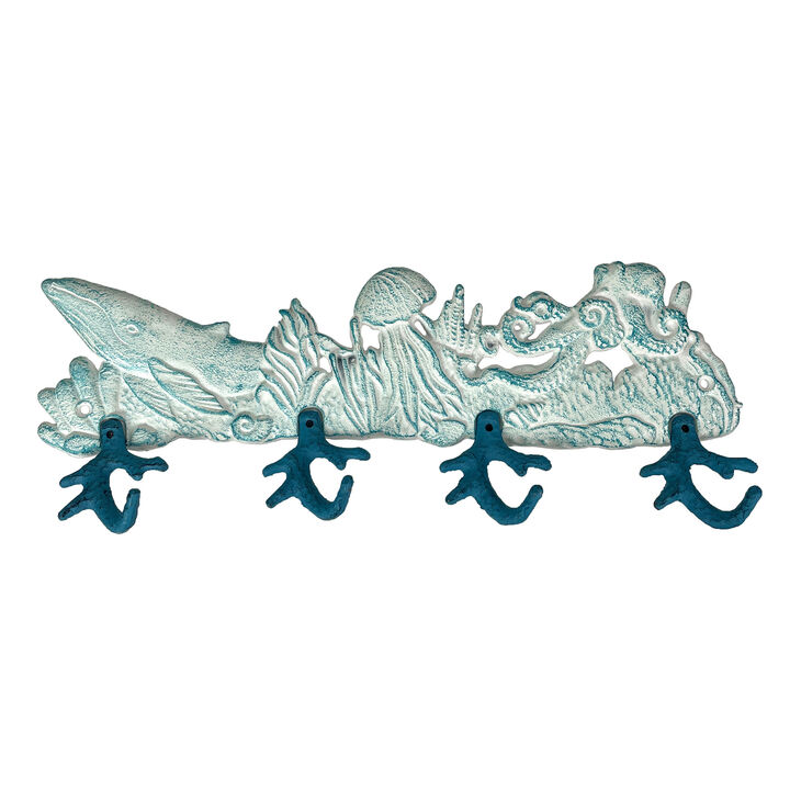 Cast Iron Sealife Plaque with 4 Coral Hooks - Nautical Wall Decor for Coastal Homes - Perfect for Keys, Coats, Bags - 15.5" x 5.75" Sturdy Ocean-Themed Organizer