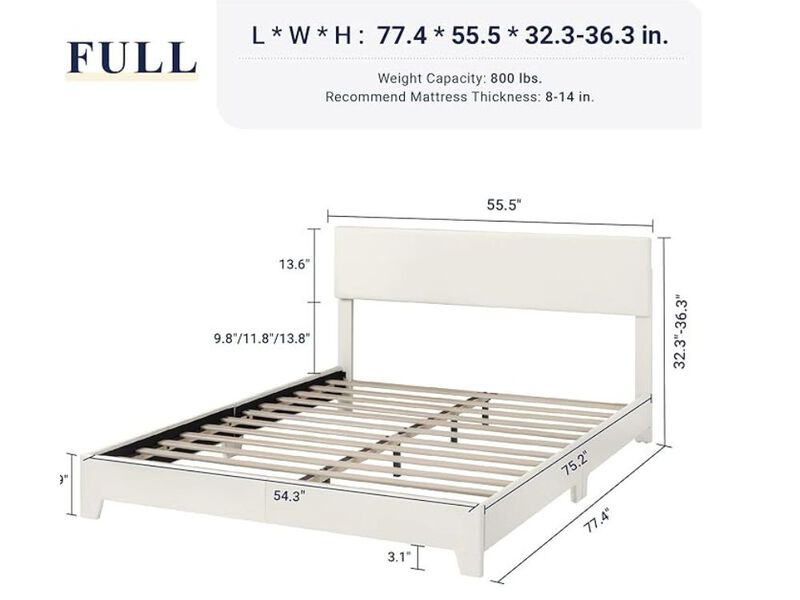 Queen Size Bed Frame With Adjustable Headboard, Faux Leather Platform Bed With Wood Slats, Heavy Duty Mattress Foundation, No Box Spring Needed, Noise-Free, Easy Assembly, White