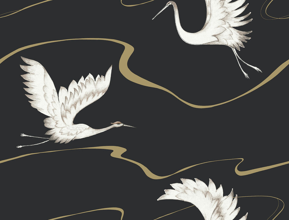 Soaring Cranes Black & Gold Wallpaper