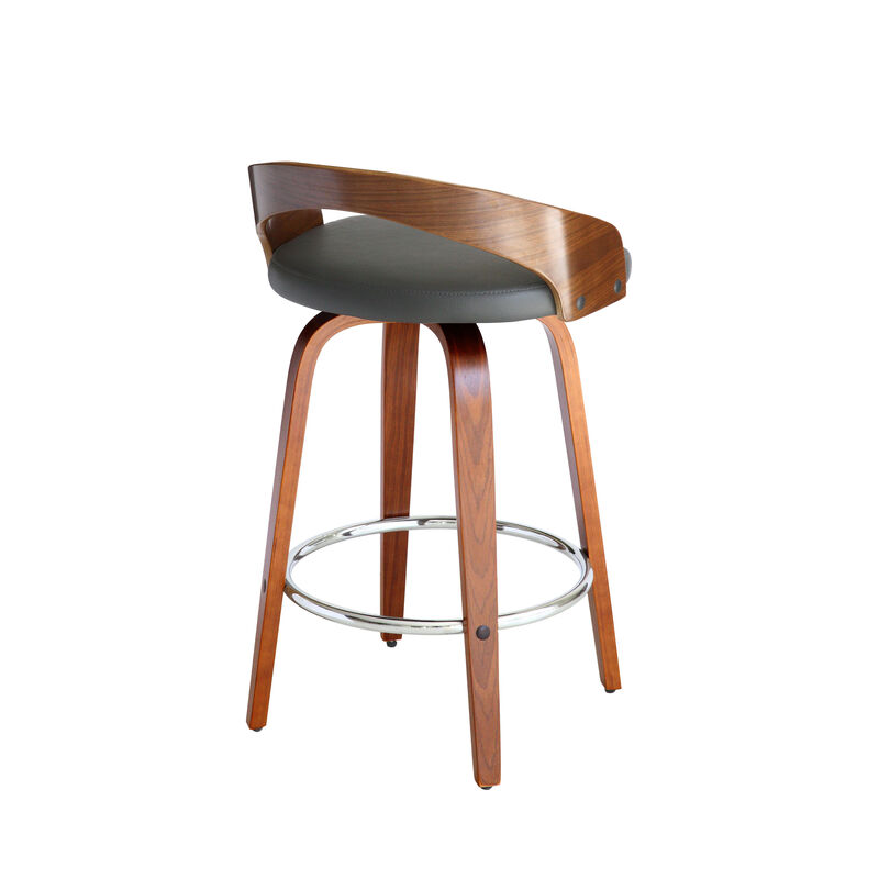 Sonia  Counter Height Swivel Grey Faux Leather and Walnut Wood Bar Stool