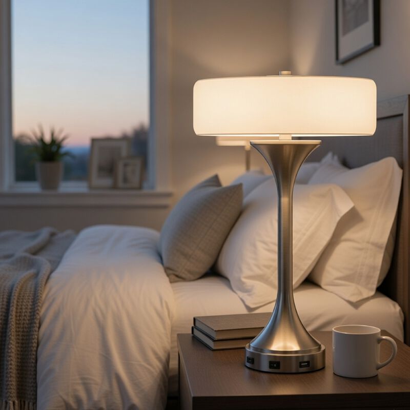 Table Lamp, USB Ports, Frosted White Glass Shade, 22 Inch Brushed Steel image number 8