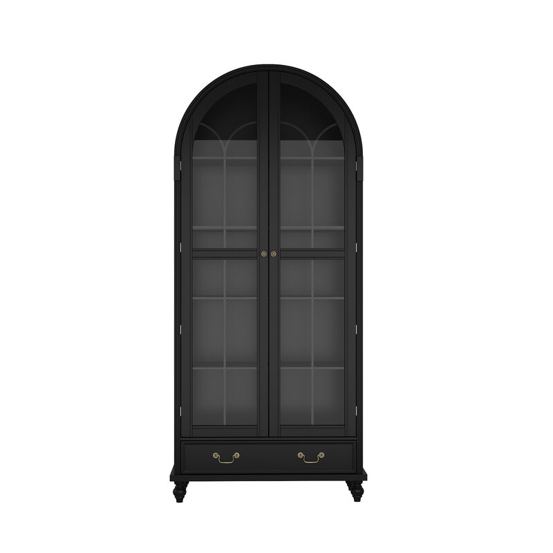 FUFU&GAGA Modern Storage Cabinet with 2 Glass Doors and 1 Drawer, Vintage Handles, Solid Painted Wood Legs, Tall Base Design (34.6 in. W x 15.7 in. D x 77.2 in. H), Black
