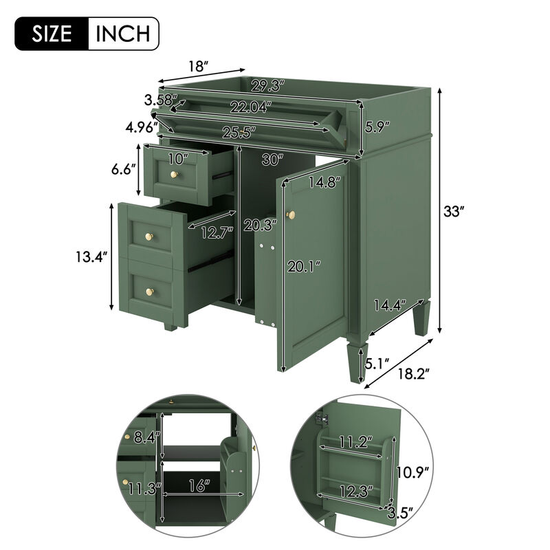 ELEMENT ACE 30 Inch Freestanding Bathroom Vanity Without Top Sink, Sturdy Bathroom Storage Cabinet with Multiple Drawers and Adjustable Shelf for Bathroom Organization image number 2