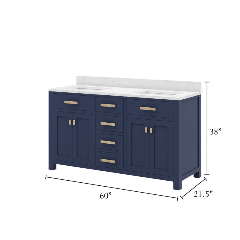 Madison 60 In. Double Sink Carrara White Marble Countertop Bath Vanity In Monarch Blue with Satin Gold Hardware