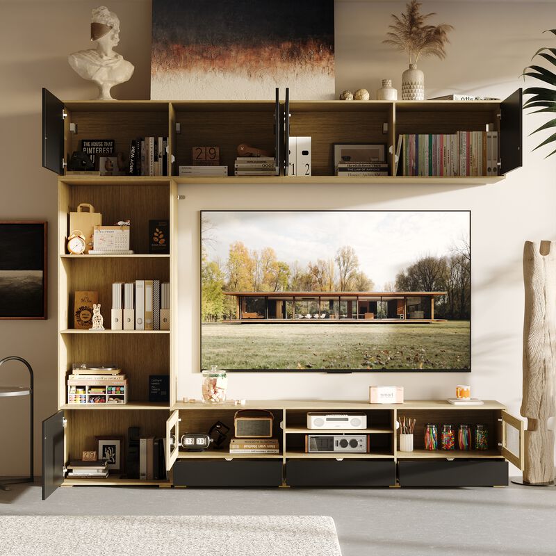 FUFU&GAGA Entertainment Wall Unit with 69" TV Console, Wall-Mounted Cabinets, Glass Doors, (92.7"W x 80.1"H x 15.7"D), Grey & Natural Wood Finish