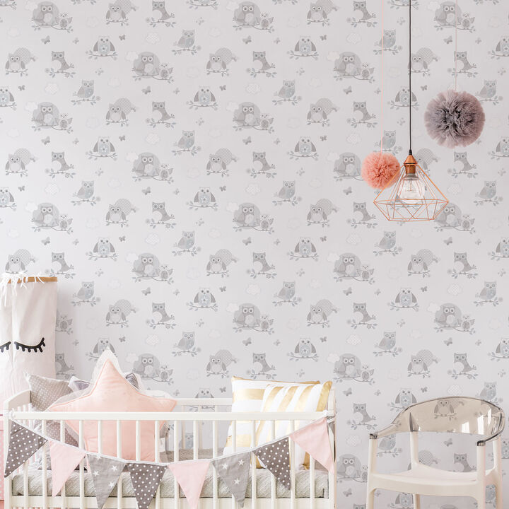 Just 4 Kids 2 Mono Owls Silver Grey Wallpaper G56503