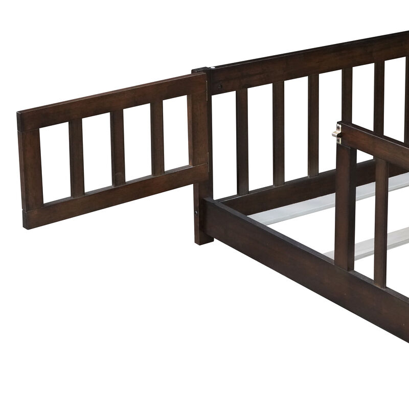 Whisen Twin Size Rubber Wood Floor Bed with Safety Guardrails & Door, Kids Bed image number 6
