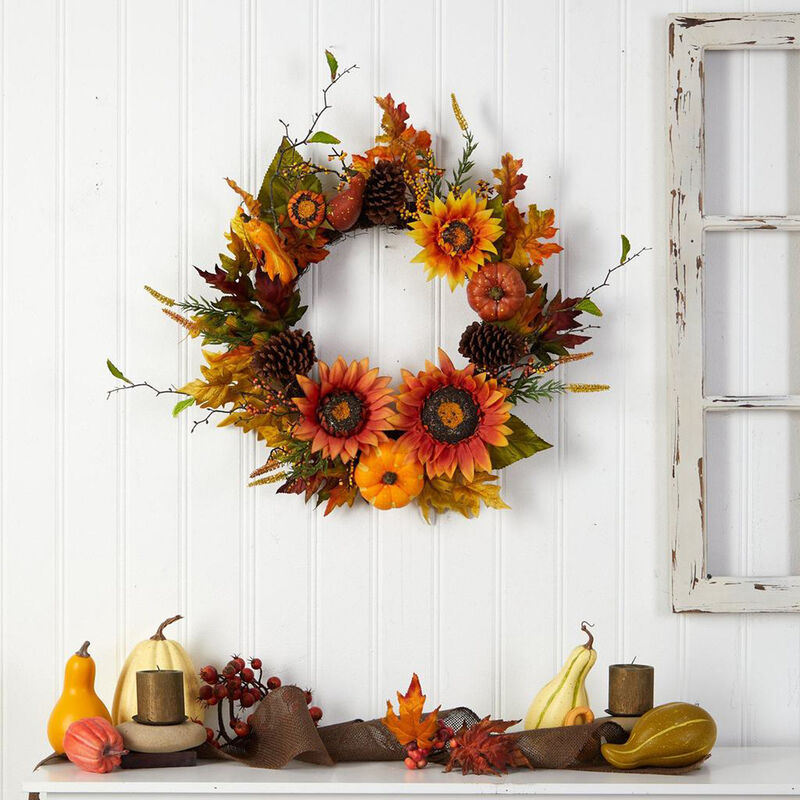 Nearly Natural 24-in Fall Sunflower, Pumpkin, Gourds, Pinecone and Berries Autumn Artificial Wreath