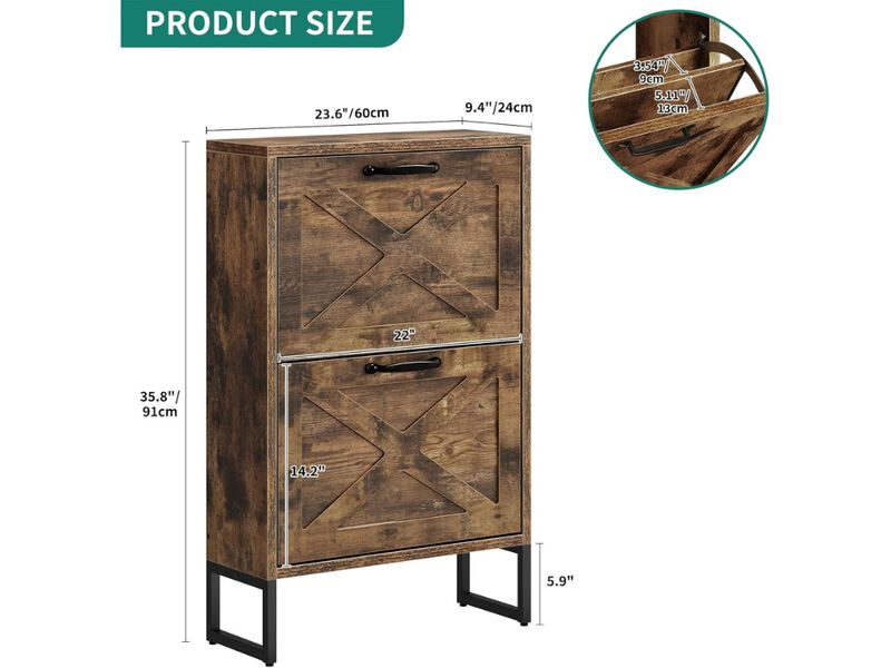 Slim Entryway Metal Shoe Storage Cabinet Flip Drawer Brown image number 2