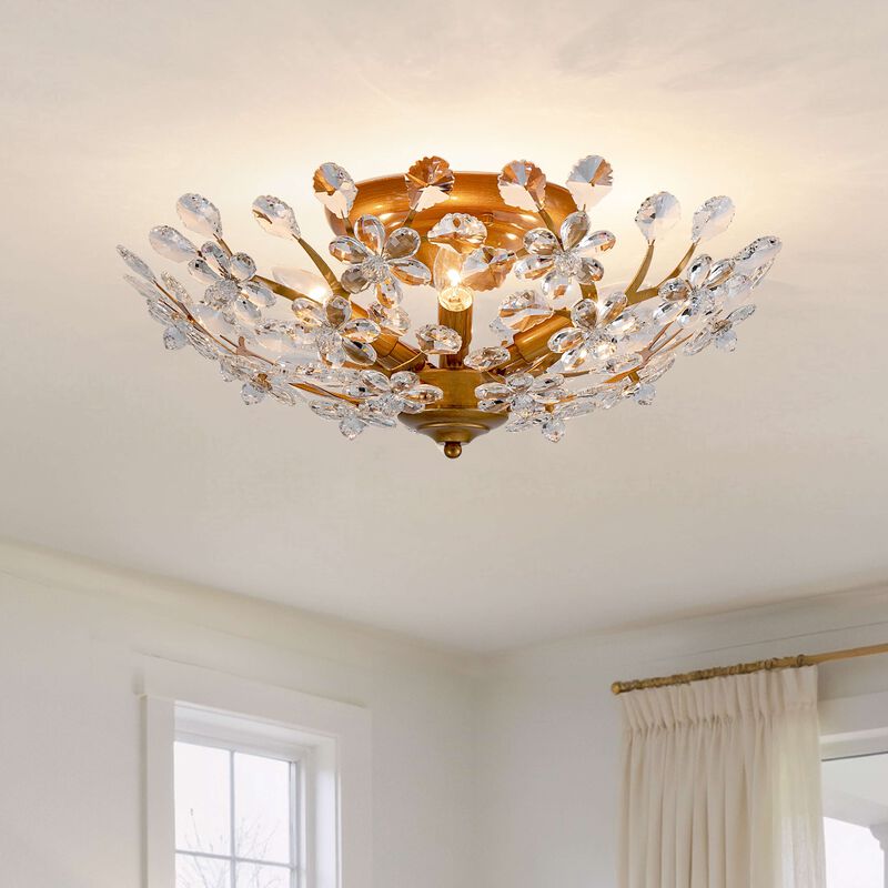 Juan 5-light Crystal Glass Flowers Blooms Flush Mount - Medium‑gloss Brushed Brass Finish image number 3