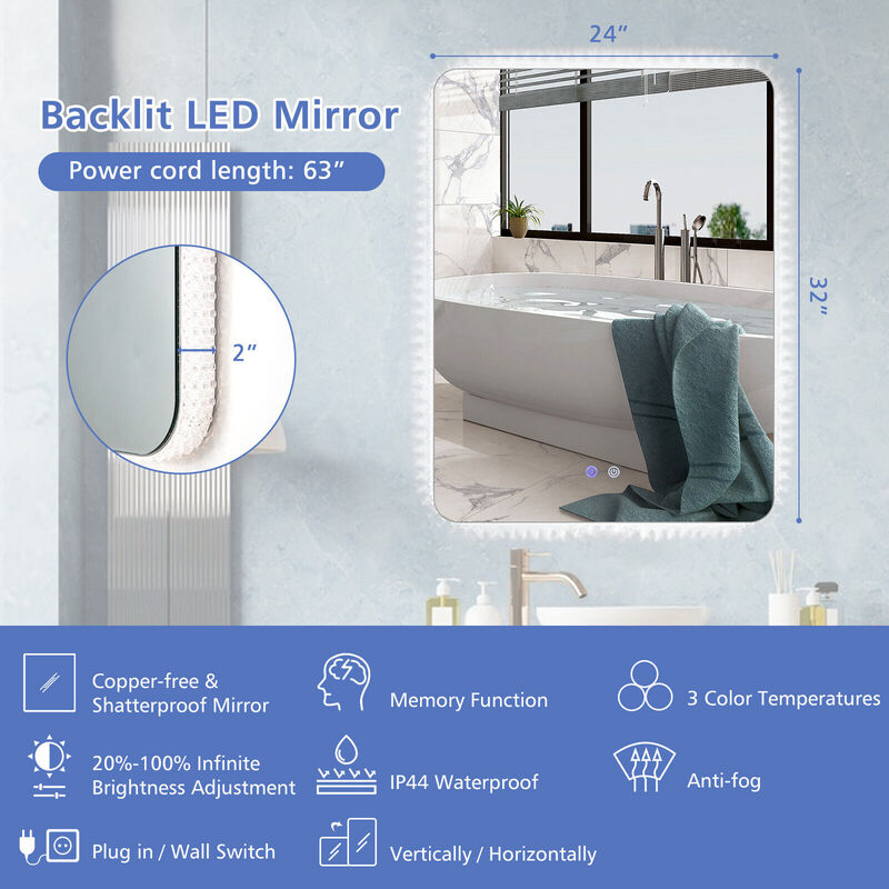 Shatterproof Wall Mirror with 3-Color Lights and  Anti-Fog Function